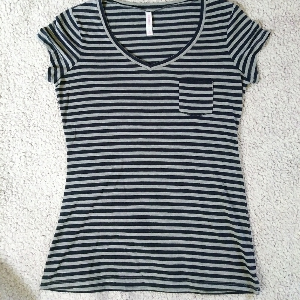 Navy and Grey Stripe Tee with Pocket